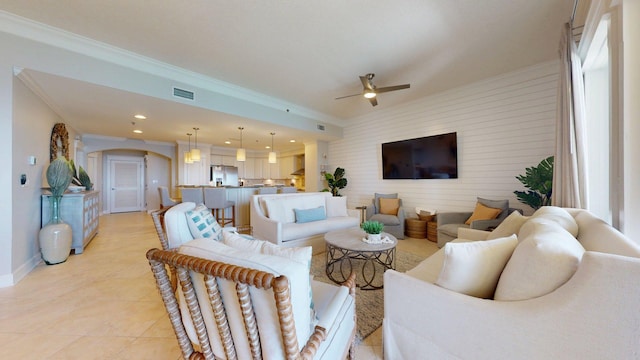 11807 Front Beach Rd Unit 1- 2204, Panama City Beach, FL 32407 - living room featuring crown molding, a ceiling fan, baseboards, light tile patterned flooring, and recessed lighting