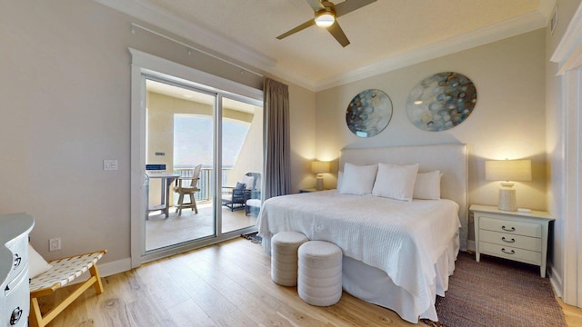 11807 Front Beach Rd Unit 1- 2204, Panama City Beach, FL 32407 - bedroom with ornamental molding, light wood-type flooring, access to outside, baseboards, and ceiling fan