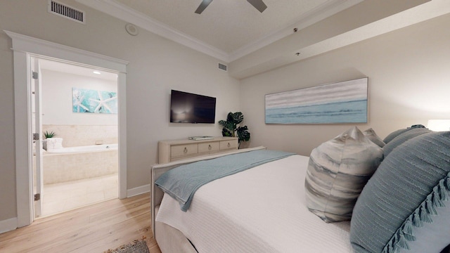 11807 Front Beach Rd Unit 1- 2204, Panama City Beach, FL 32407 - bedroom featuring crown molding, wood finished floors, ensuite bathroom, a ceiling fan, and baseboards