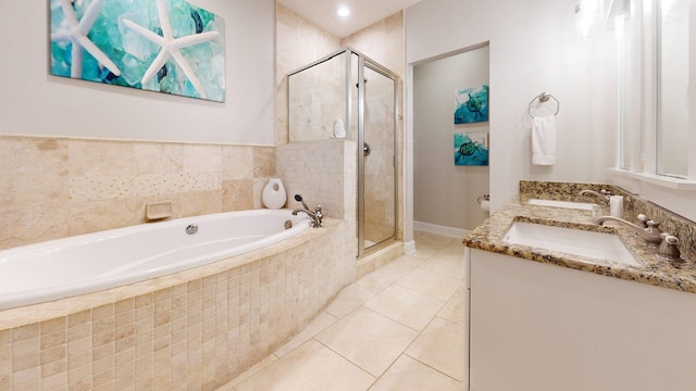 11807 Front Beach Rd Unit 1- 2204, Panama City Beach, FL 32407 - bathroom featuring a shower stall, a bath, double vanity, and tile patterned floors