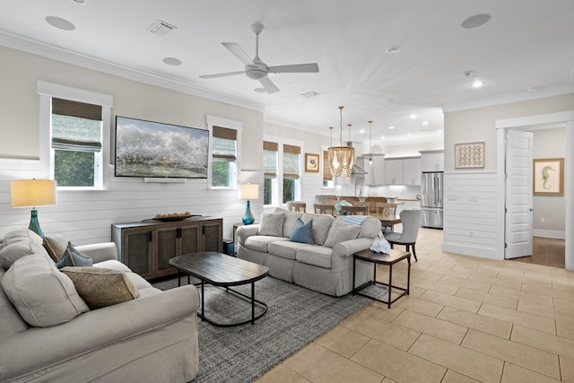 14 The Heron Cv, Inlet Beach, FL 32461 - living area with a ceiling fan, plenty of natural light, light tile patterned floors, ornamental molding, and recessed lighting