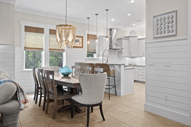 14 The Heron Cv, Inlet Beach, FL 32461 - dining space with light tile patterned flooring, ornamental molding, a chandelier, and recessed lighting