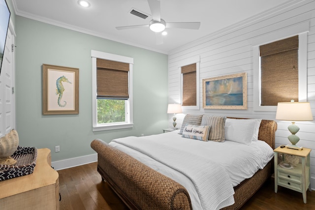14 The Heron Cv, Inlet Beach, FL 32461 - bedroom with crown molding, recessed lighting, dark wood-type flooring, wooden walls, and a ceiling fan