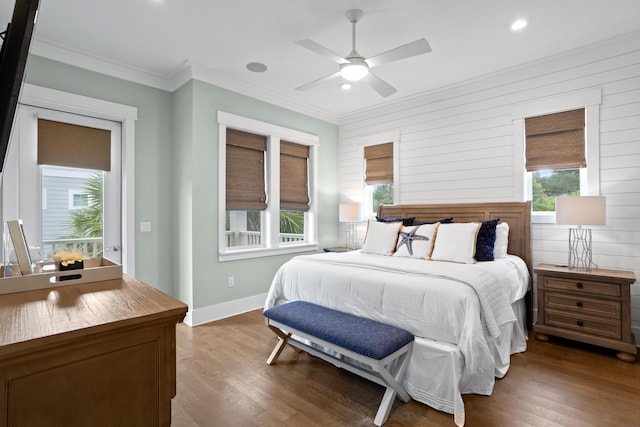 14 The Heron Cv, Inlet Beach, FL 32461 - bedroom with ornamental molding, dark wood finished floors, recessed lighting, a ceiling fan, and access to outside