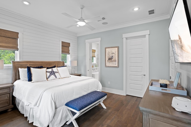 14 The Heron Cv, Inlet Beach, FL 32461 - bedroom featuring multiple windows, crown molding, dark wood finished floors, recessed lighting, and ensuite bath