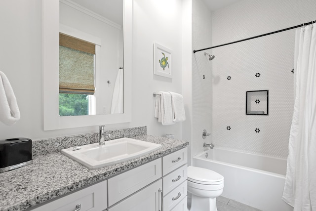14 The Heron Cv, Inlet Beach, FL 32461 - bathroom featuring vanity, shower / bath combo, tile patterned flooring, and crown molding