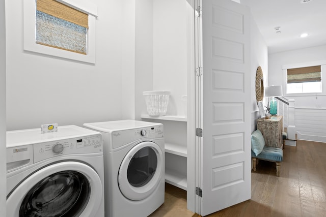 14 The Heron Cv, Inlet Beach, FL 32461 - laundry area with washer and clothes dryer, wood finished floors, and recessed lighting
