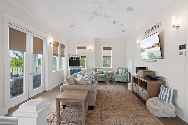 14 The Heron Cv, Inlet Beach, FL 32461 - living area with wood finished floors, ceiling fan, vaulted ceiling, and ornamental molding
