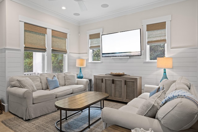 14 The Heron Cv, Inlet Beach, FL 32461 - living room featuring wainscoting, ceiling fan, ornamental molding, recessed lighting, and wood finished floors