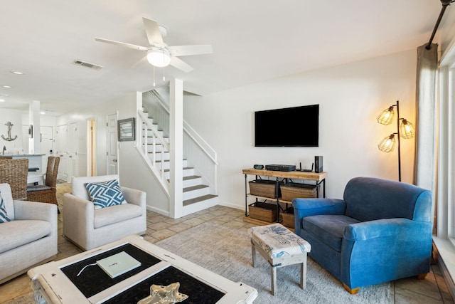 23011 Front Beach Rd Unit E-20, Panama City Beach, FL 32413 - living area featuring stairs, a ceiling fan, recessed lighting, and baseboards