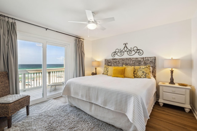23011 Front Beach Rd Unit E-20, Panama City Beach, FL 32413 - bedroom with access to outside, wood finished floors, ceiling fan, and a water view