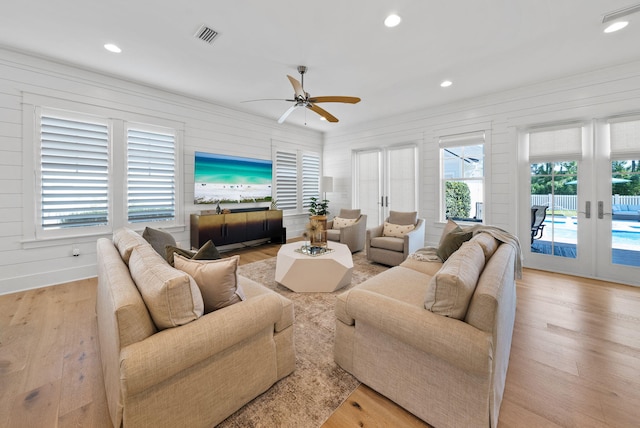 339 Pathways Dr, Inlet Beach, FL 32461 - living area featuring plenty of natural light, light wood finished floors, a ceiling fan, recessed lighting, and french doors