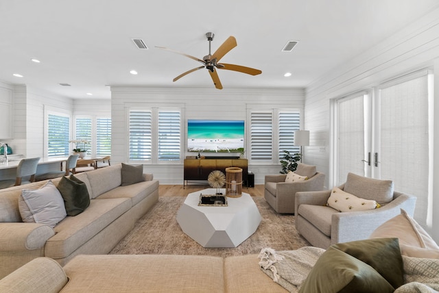 339 Pathways Dr, Inlet Beach, FL 32461 - living area featuring ceiling fan, wood finished floors, and recessed lighting