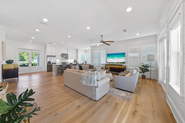 339 Pathways Dr, Inlet Beach, FL 32461 - living room with ceiling fan, recessed lighting, light wood-style flooring, and ornamental molding