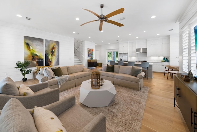 339 Pathways Dr, Inlet Beach, FL 32461 - living room featuring stairs, light wood-style floors, ceiling fan, and recessed lighting