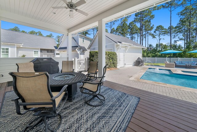 339 Pathways Dr, Inlet Beach, FL 32461 - wooden deck with an outdoor living space with a fire pit, a fenced backyard, and ceiling fan