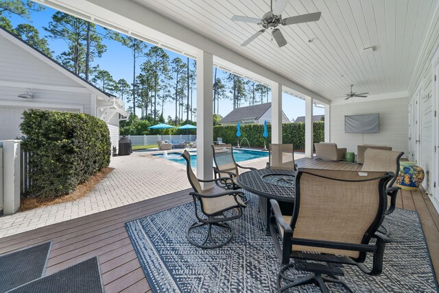 339 Pathways Dr, Inlet Beach, FL 32461 - wooden deck with ceiling fan, outdoor dining area, a fenced backyard, and a patio area