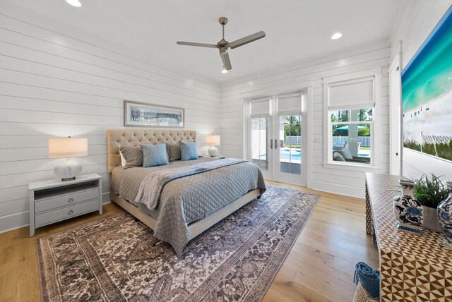 339 Pathways Dr, Inlet Beach, FL 32461 - bedroom with french doors, access to exterior, hardwood / wood-style flooring, ornamental molding, and recessed lighting