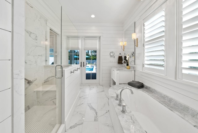339 Pathways Dr, Inlet Beach, FL 32461 - full bath featuring french doors, a marble finish shower, marble finish floors, a bath, and vanity