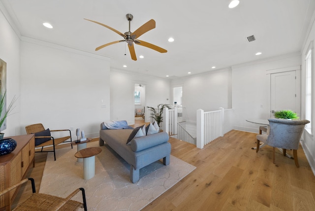 339 Pathways Dr, Inlet Beach, FL 32461 - sitting room featuring an upstairs landing, light wood finished floors, recessed lighting, ceiling fan, and crown molding