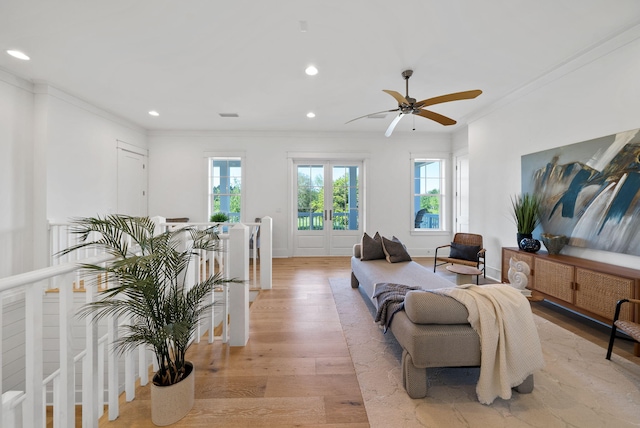 339 Pathways Dr, Inlet Beach, FL 32461 - living room featuring recessed lighting, ornamental molding, ceiling fan, light wood-style flooring, and baseboards