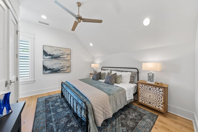 339 Pathways Dr, Inlet Beach, FL 32461 - bedroom featuring lofted ceiling, baseboards, wood finished floors, recessed lighting, and a ceiling fan