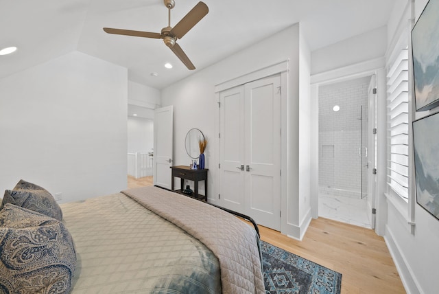 339 Pathways Dr, Inlet Beach, FL 32461 - bedroom featuring light wood-style floors, recessed lighting, ensuite bathroom, a ceiling fan, and a closet