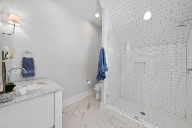339 Pathways Dr, Inlet Beach, FL 32461 - bathroom featuring marble look tile flooring, a stall shower, vanity, baseboards, and toilet