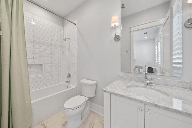 339 Pathways Dr, Inlet Beach, FL 32461 - full bathroom with toilet, shower / bath combo with shower curtain, vanity, marble finish floors, and baseboards