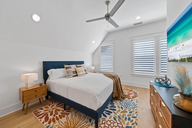 339 Pathways Dr, Inlet Beach, FL 32461 - bedroom with lofted ceiling, light wood-type flooring, ceiling fan, multiple windows, and recessed lighting