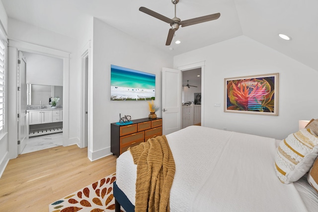 339 Pathways Dr, Inlet Beach, FL 32461 - bedroom with light wood-type flooring, connected bathroom, lofted ceiling, recessed lighting, and a sink
