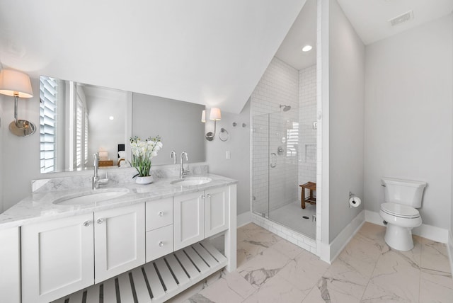 339 Pathways Dr, Inlet Beach, FL 32461 - bathroom featuring double vanity, baseboards, a shower stall, marble look tile flooring, and recessed lighting