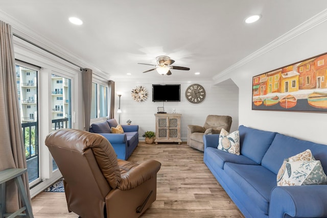 23223 Front Beach Rd # 335, Panama City Beach, FL 32413 - living area featuring ornamental molding, ceiling fan, light wood-style floors, and recessed lighting