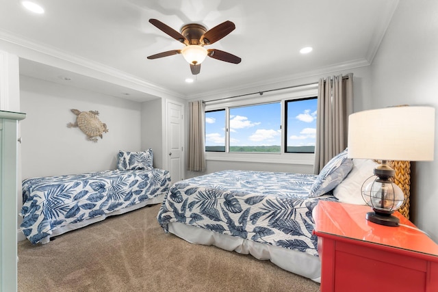 23223 Front Beach Rd # 335, Panama City Beach, FL 32413 - bedroom with carpet, recessed lighting, ornamental molding, and a ceiling fan