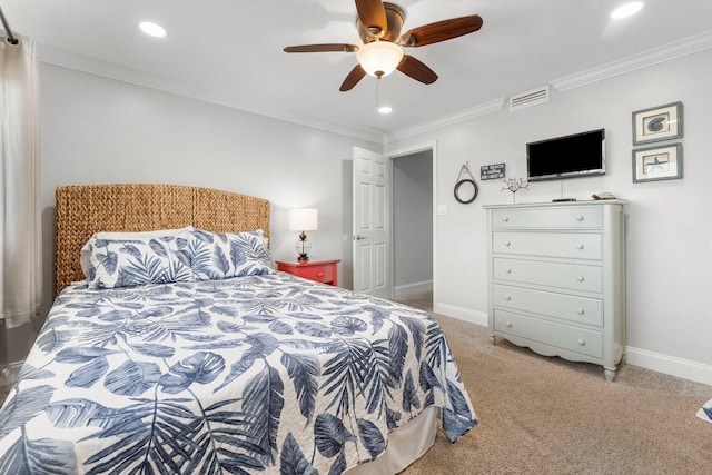 23223 Front Beach Rd # 335, Panama City Beach, FL 32413 - bedroom with light carpet, baseboards, recessed lighting, crown molding, and a ceiling fan
