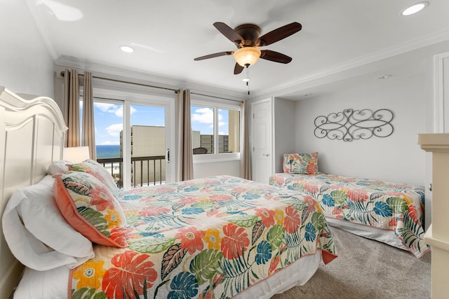 23223 Front Beach Rd # 335, Panama City Beach, FL 32413 - bedroom with access to exterior, carpet flooring, ornamental molding, a ceiling fan, and recessed lighting