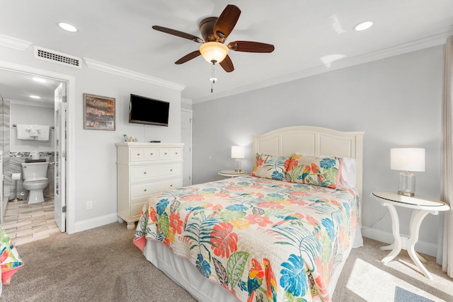 23223 Front Beach Rd # 335, Panama City Beach, FL 32413 - bedroom with light carpet, crown molding, recessed lighting, baseboards, and a ceiling fan