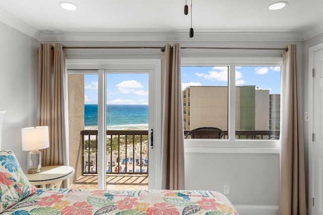 23223 Front Beach Rd # 335, Panama City Beach, FL 32413 - bedroom featuring access to outside, multiple windows, a water view, crown molding, and recessed lighting