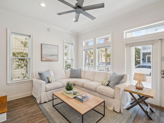 221 Seacrest Beach Blvd E, Seacrest, FL 32461 - living area featuring ornamental molding, dark wood-style flooring, healthy amount of natural light, ceiling fan, and recessed lighting