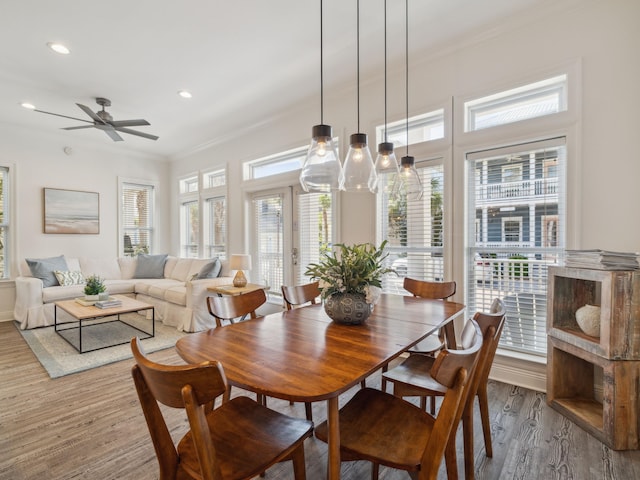 221 Seacrest Beach Blvd E, Seacrest, FL 32461 - dining room with ornamental molding, wood finished floors, recessed lighting, and a ceiling fan