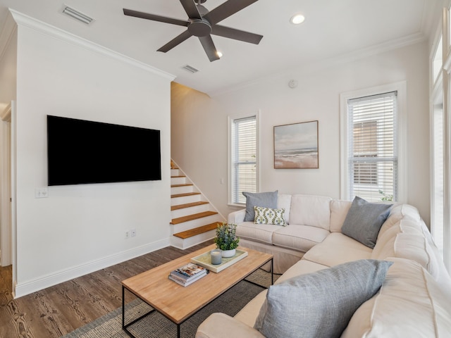 221 Seacrest Beach Blvd E, Seacrest, FL 32461 - living room featuring crown molding, ceiling fan, wood finished floors, stairway, and recessed lighting