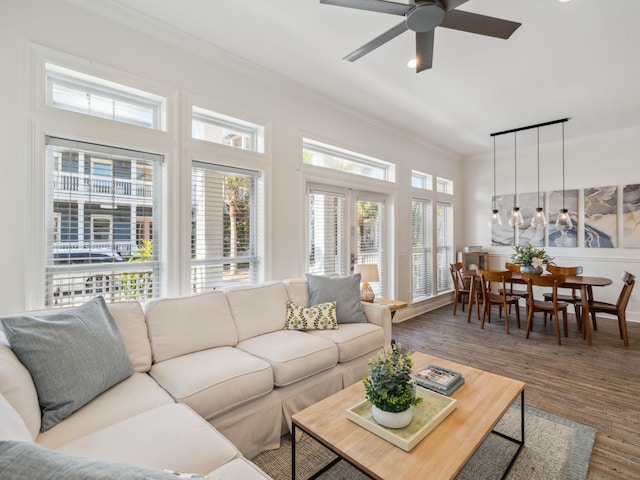 221 Seacrest Beach Blvd E, Seacrest, FL 32461 - living room featuring ornamental molding, a ceiling fan, and wood finished floors