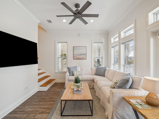 221 Seacrest Beach Blvd E, Seacrest, FL 32461 - living room featuring crown molding, dark wood finished floors, a ceiling fan, and recessed lighting