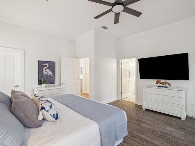 221 Seacrest Beach Blvd E, Seacrest, FL 32461 - bedroom with crown molding, dark wood finished floors, connected bathroom, and ceiling fan