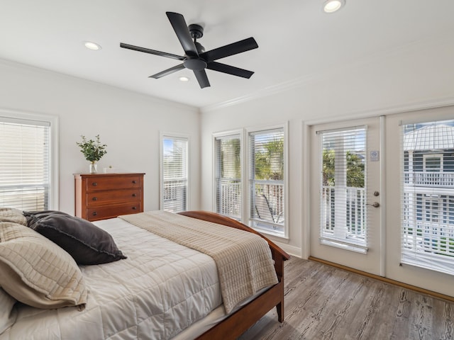 221 Seacrest Beach Blvd E, Seacrest, FL 32461 - bedroom featuring access to outside, recessed lighting, wood finished floors, crown molding, and a ceiling fan