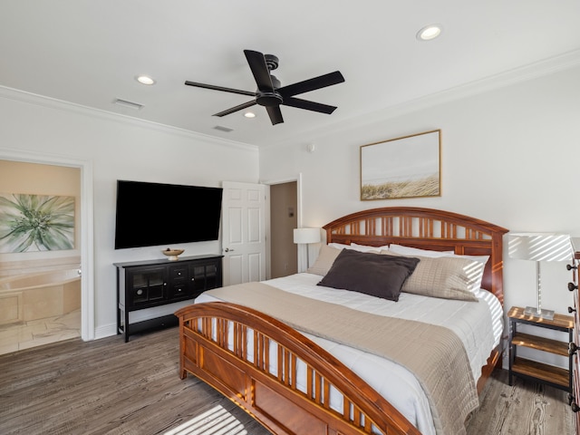 221 Seacrest Beach Blvd E, Seacrest, FL 32461 - bedroom featuring crown molding, recessed lighting, wood finished floors, connected bathroom, and a ceiling fan