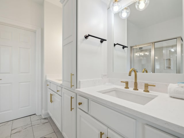 221 Seacrest Beach Blvd E, Seacrest, FL 32461 - full bathroom featuring vanity, a stall shower, and marble finish flooring