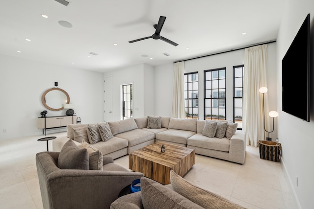 36 Caliza Ln, Inlet Beach, FL 32461 - living room with a ceiling fan, recessed lighting, healthy amount of natural light, and light tile patterned floors