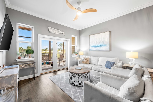 231 Somerset Bridge Rd Unit 2307, Santa Rosa Beach, FL 32459 - living room featuring french doors, dark wood finished floors, ornamental molding, a ceiling fan, and baseboards