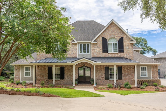 17 Poquito Rd, Shalimar, FL 32579 - traditional home with covered porch, a standing seam roof, and french doors